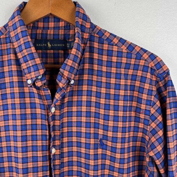 Ralph Lauren long Sleeve shirt Men XL Blue Red Tartan Blue Pony Cotton 52” - Picture 1 of 8